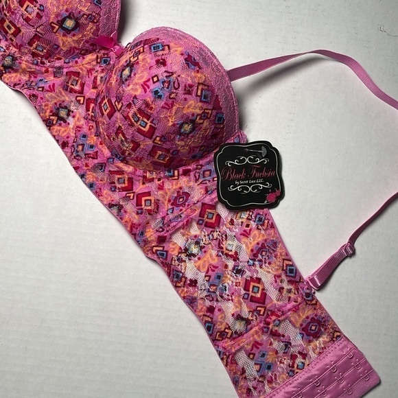 BLACK FUCHSIA Bra 36B Push Up Wide Band Stretch Lace Pink Geo Print Underwire - Picture 11 of 11